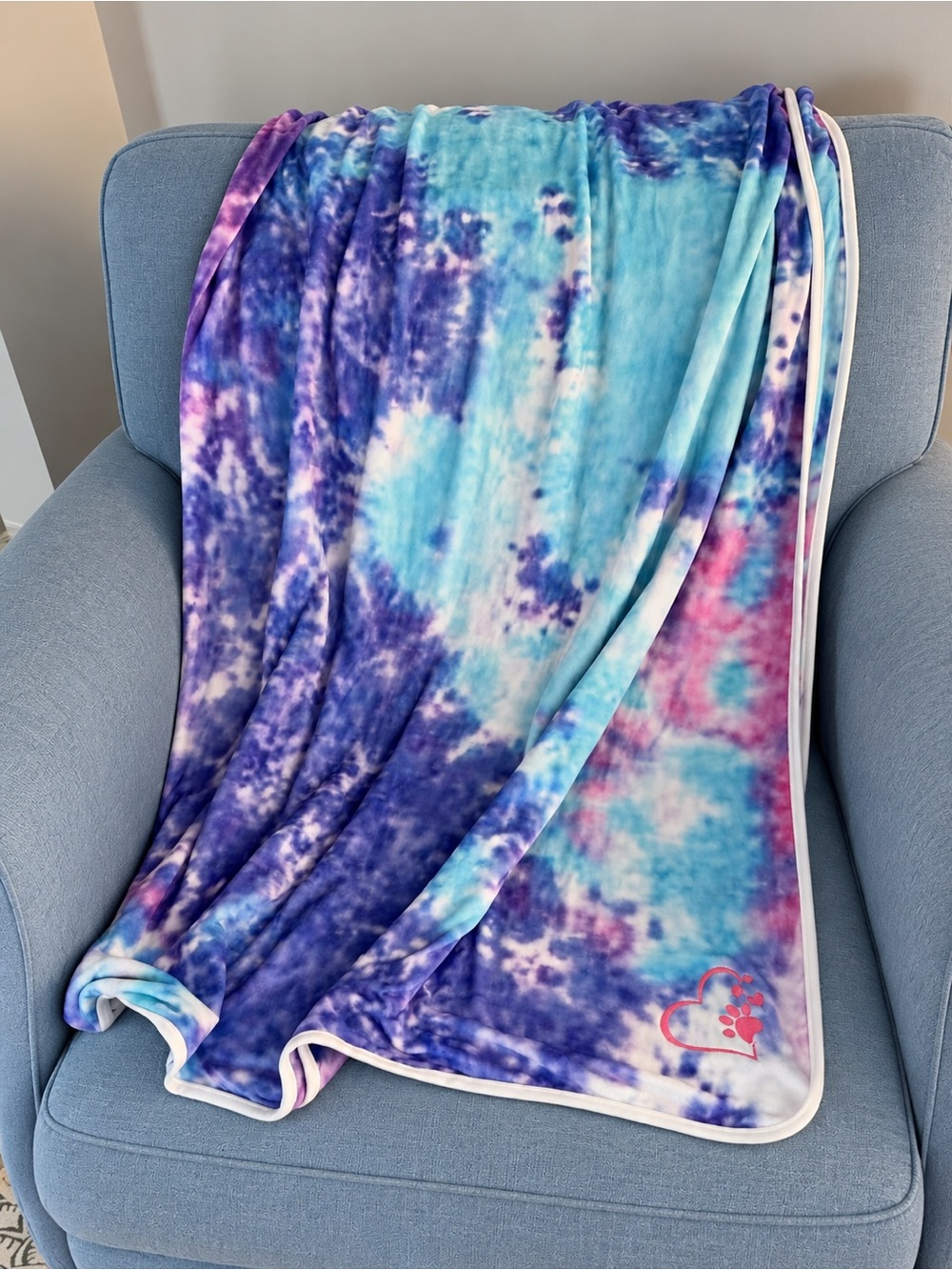 Tie-Dye Pajama Fabric Blanket with Heart Paw Embroidery - Blue/Purple/Pink